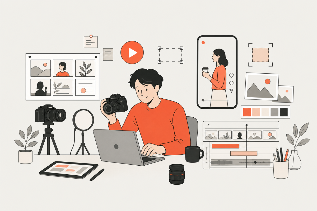 動画や写真のコンテンツ制作を表すイラスト